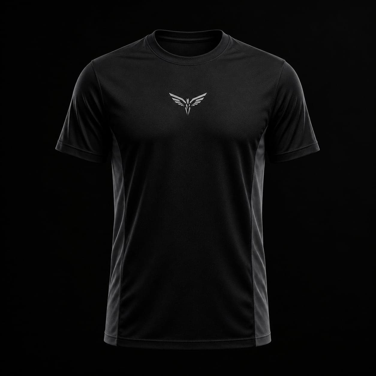 Camiseta Dry Fit preta, com asas e laterais em cinza grafite